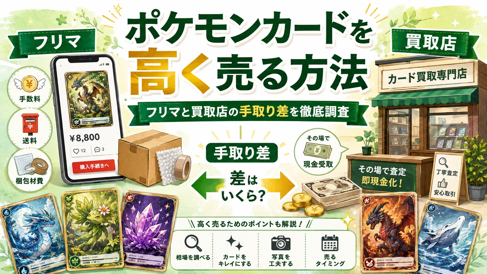 ポケモンカードを高く売る方法|フリマと買取店の手取り差を徹底調査