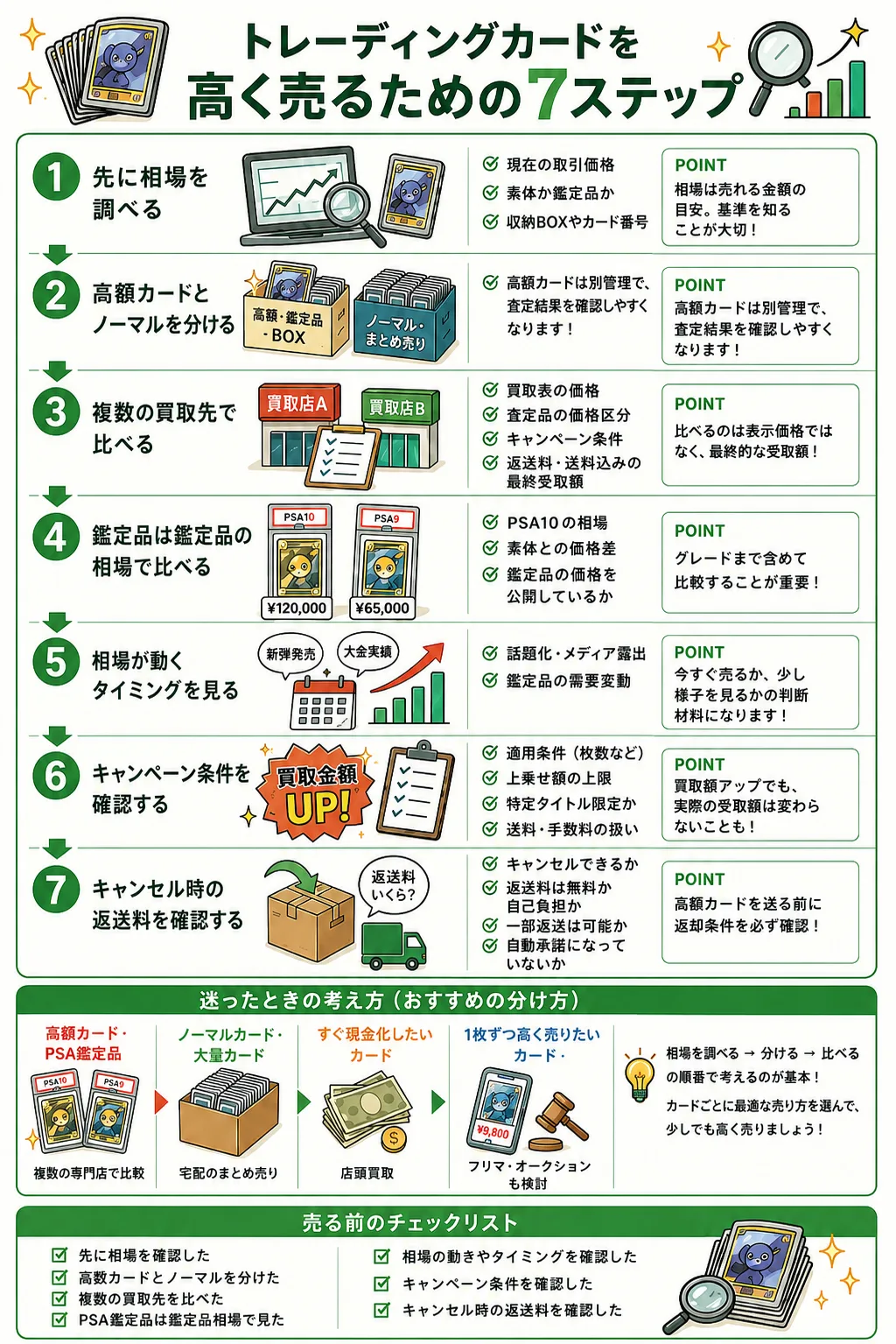 トレーディングカードを高く売るための7ステップ。相場を調べる、高額カードとノーマルを分ける、複数の買取先で比べる、鑑定品は鑑定品の相場で比べる、相場が動くタイミングを見る、キャンペーン条件を確認する、キャンセル時の返送料を確認する、という手順と売る前のチェックリストをまとめた図