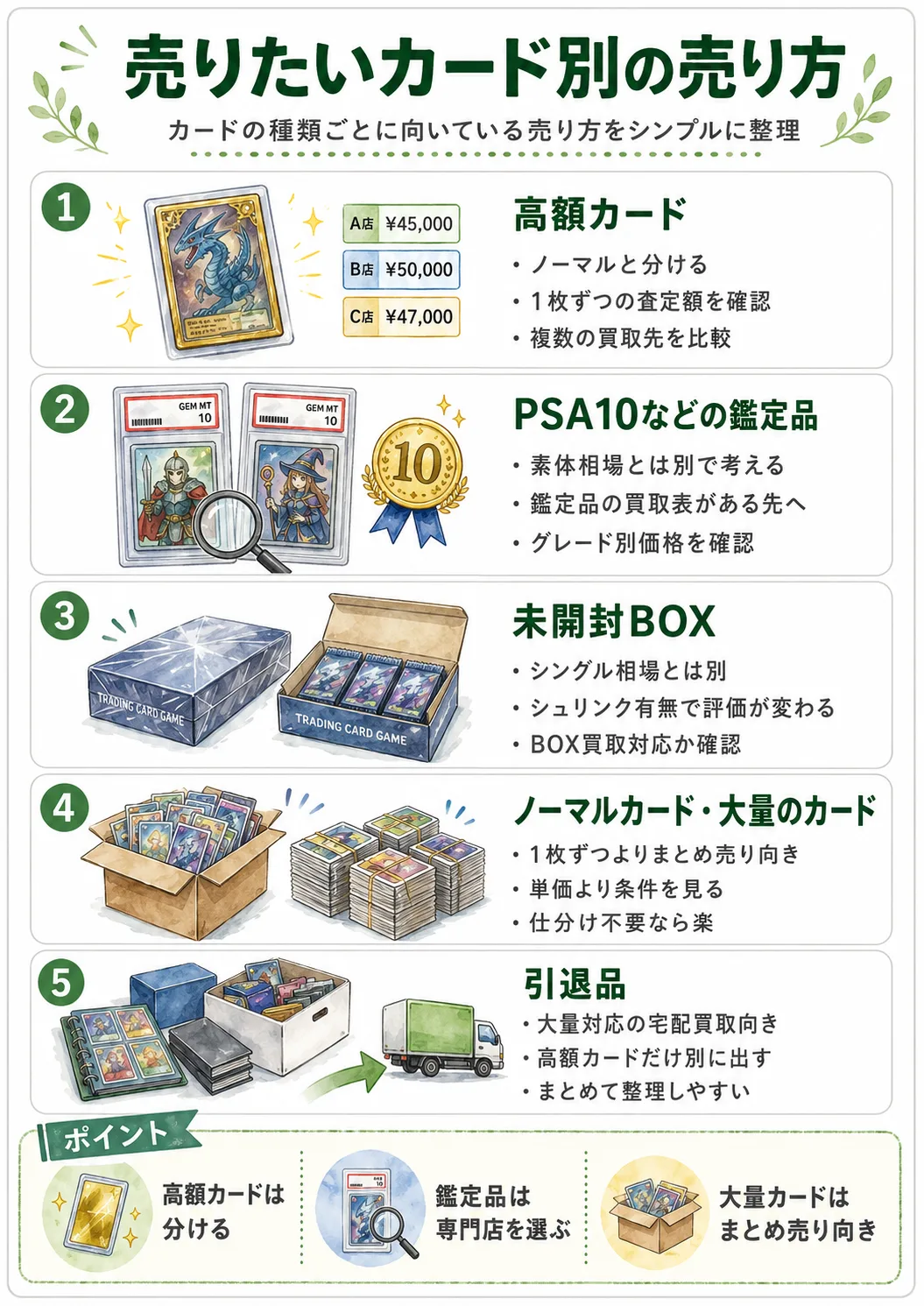 売りたいカード別の売り方。高額カード・PSA10などの鑑定品・未開封BOX・ノーマルカードや大量のカード・引退品の5つについて、向いている売り方をまとめた図