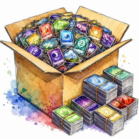 段ボール箱いっぱいのカードをまとめ売りするイラスト