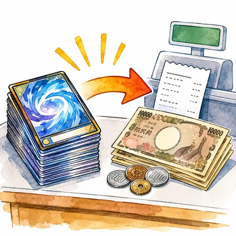 店頭買取でカードがその場で現金になるイラスト
